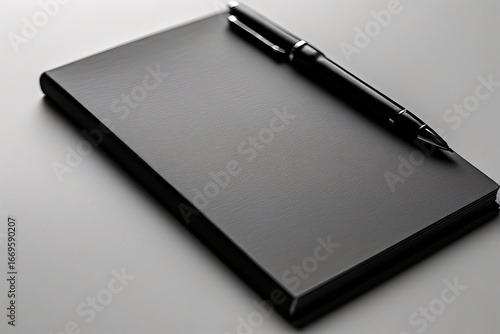 Wallpaper Mural Black notebook resting on a white surface with a pen placed on top, suggesting a moment of reflection and creative inspiration. Torontodigital.ca