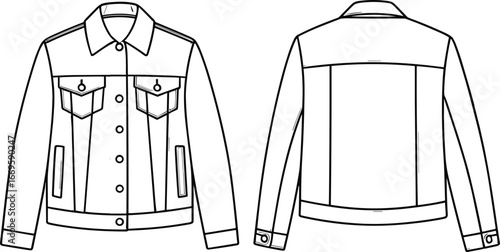 Denim jacket fashion flat sketch, technical drawing, vector template, clothing design, front and back view, unisex outerwear illustration