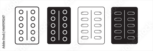 Pill blister pack icons. Thin linear graphic pictogram for website