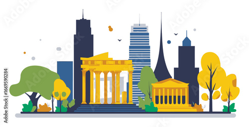 Vibrant Flat Cartoon City Skyline with Modern and Historical Buildings