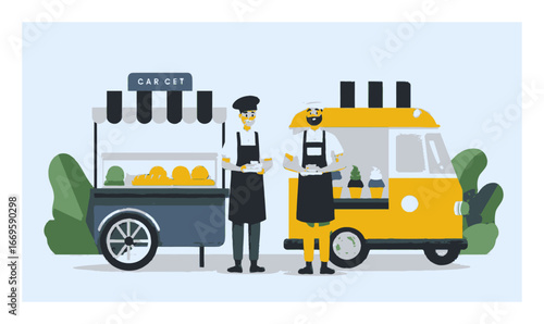 Cartoon Style Food Cart Scene with Chefs and Bright Colors