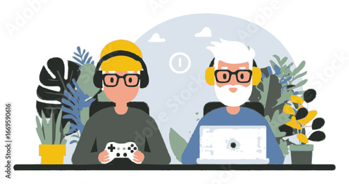 A Colorful Cartoon Illustration of Two Gamers with Headphones and Plants