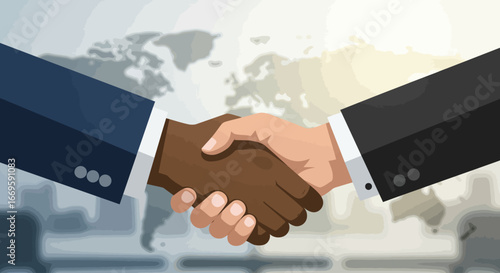 A flat design illustration featuring two diverse hands shaking, symbolizing international agreement, diplomacy, and the formation of alliances.