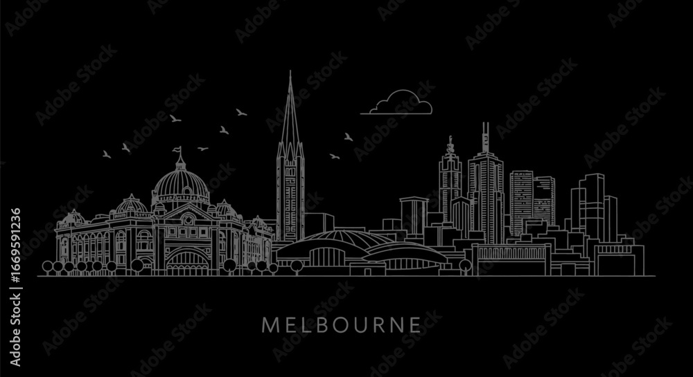 Fototapeta premium Melbourne Skyline Outline with Australia, Vector, and Minimal.