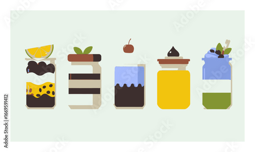 Colorful Cartoon Jars with Various Drinks and Garnishes on Flat Background