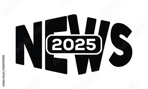 Minimalist black and white graphic design featuring bold "NEWS 2025" text in sans-serif font with layered 3D effect. Modern, clean, and impactful style on a pure white background.