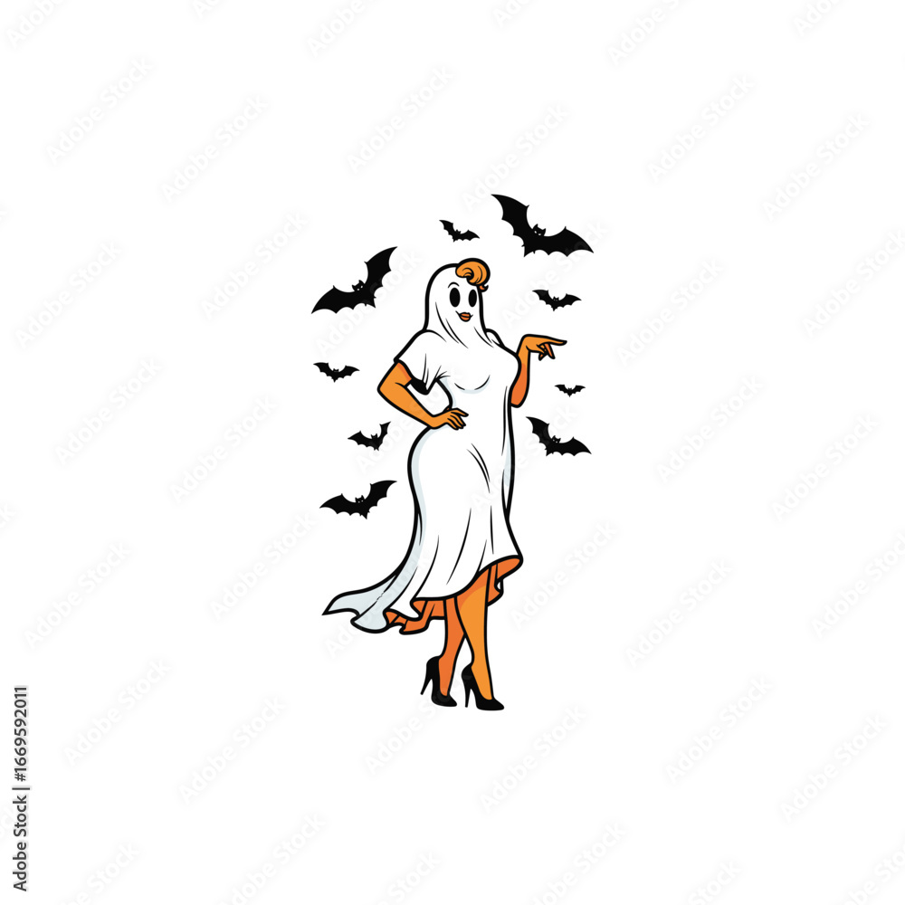 Fototapeta premium Retro pinup ghost girl with bats isolated on white background for halloween party