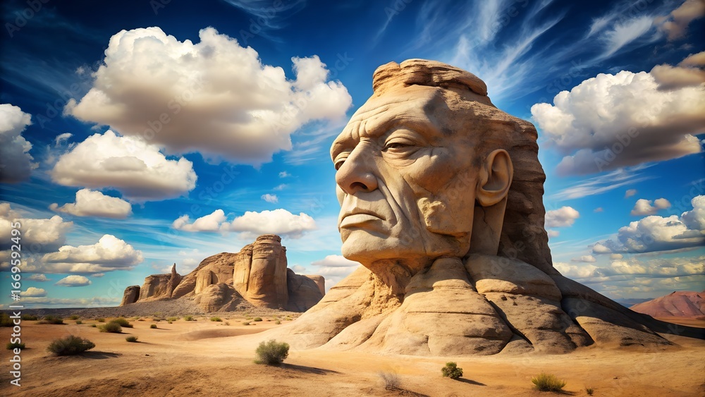 Obraz premium Monumental Rock Sculpture of a Native American Face in a Desert Landscape
