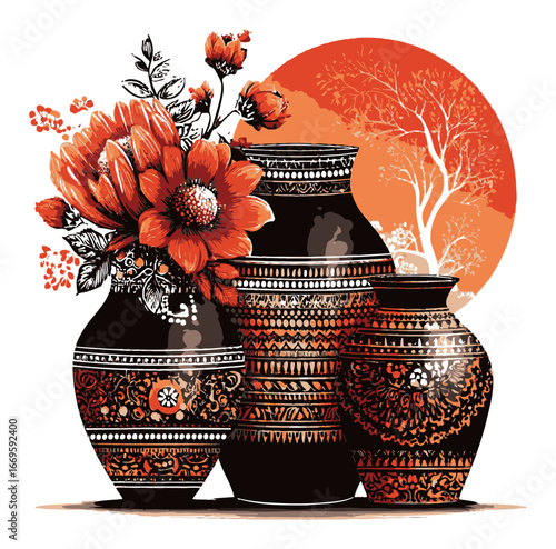 Elegant Abstract Illustration of Decorative Vases with Floral Elements