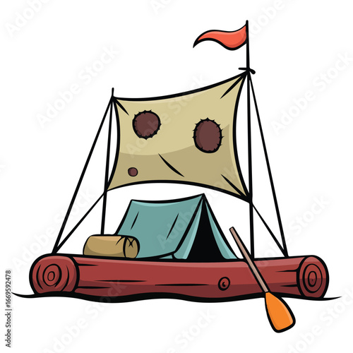 Homemade wooden raft with tent and sail vector illustration