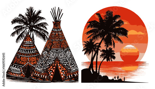 Colorful Abstract Illustration of Teepees and Sunset with Palm Trees