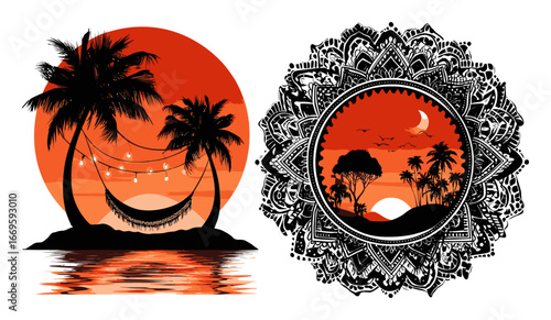 Serene Sunset Hamock Illustration with Tropical Landscape and Mandala Design