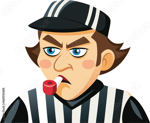 An angry referee is blowing the whistle to signal a foul during the game isolated on white background