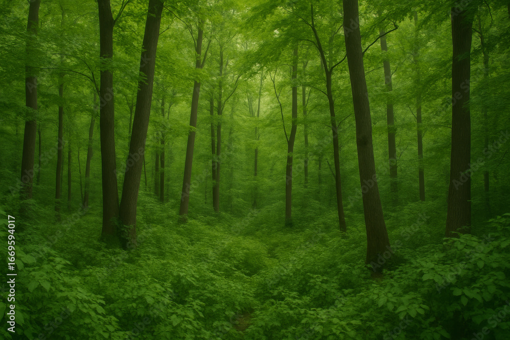 Fototapeta premium Immerse yourself in the vibrant tranquility of a lush green forest, where towering trees and abundant foliage create a serene natural sanctuary