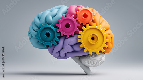 A simplified, colorful brain model with interconnected gears symbolizing the complex workings of the mind.