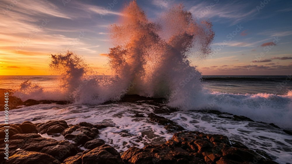 Fototapeta premium Dramatic ocean waves crashing against rocky shore at sunset with colorful sky