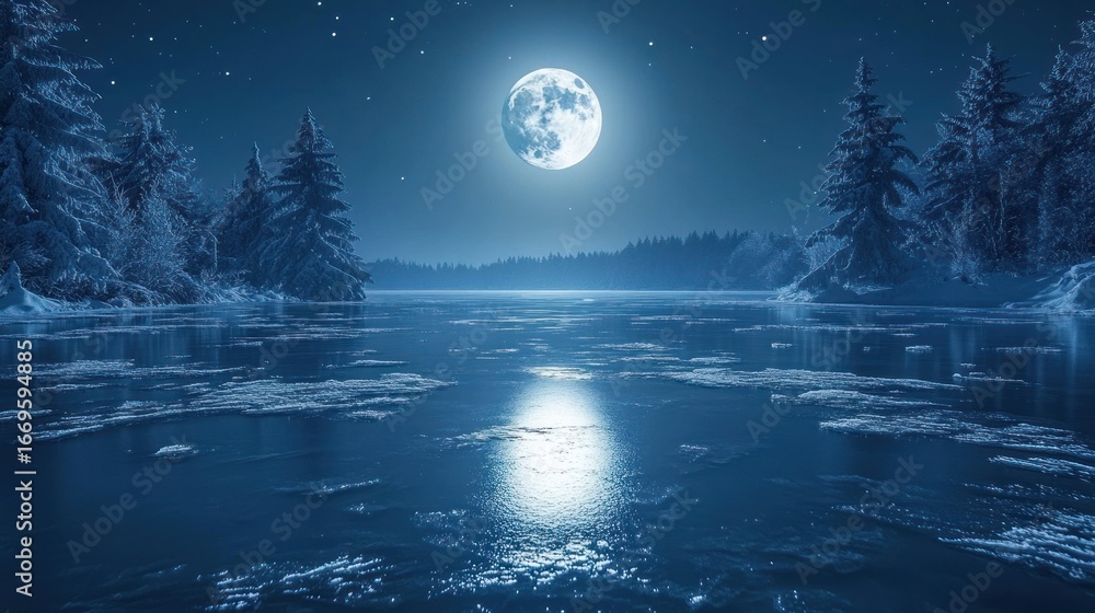 Naklejka premium It's a quiet Christmas night, the moon is reflected from the lake, and snow-covered fir trees surround the serene landscape.