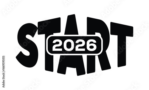 Minimalist black and white graphic design featuring bold "START 2025" text in sans-serif font with layered 3D effect. Modern, clean, and impactful style on a pure white background.