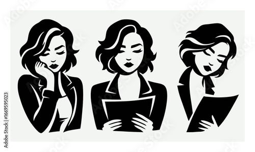 Thoughtful woman in three poses, expressing emotions and reflection