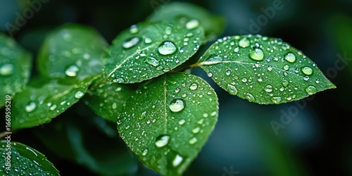 Shimmering dew on glossy green leaves with a blurred black forest backdrop Stock photo