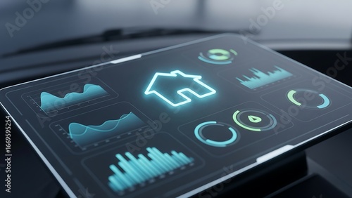 A futuristic control panel with a glowing home icon and various data displays, symbolizing smart home technology and automation.