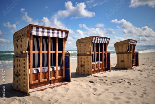 Kosze na plaży. Morze bałtyckie. Chmury. Plaża