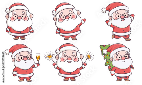 A set of flat vector Christmas illustrations. Cute Santa Clauses in different poses. Vector illustration