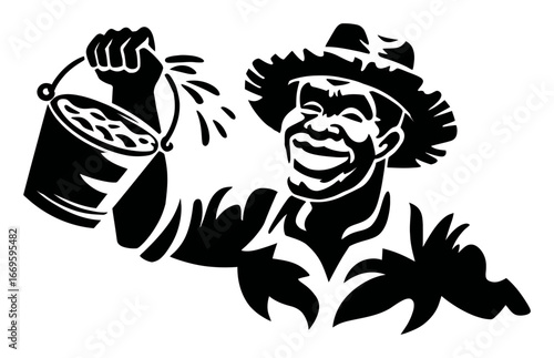 Smiling Farmer Holding Water Bucket with Hat and Tropical Attire