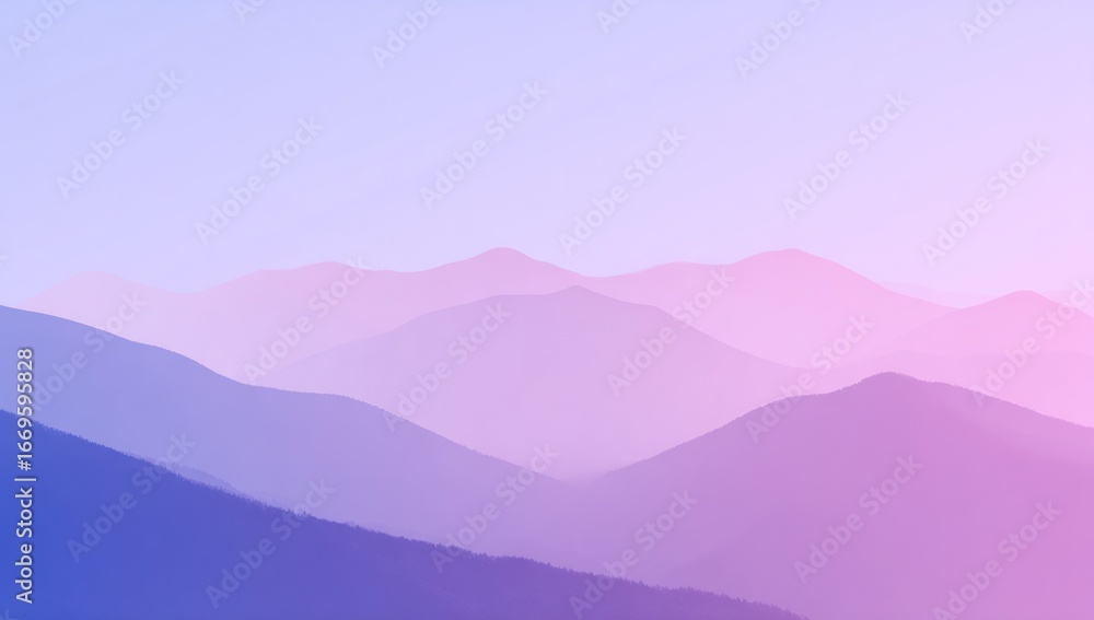 Obraz premium Mountain silhouettes recede in a serene gradient from cool blues to soft pinks under a pale, hazy sky