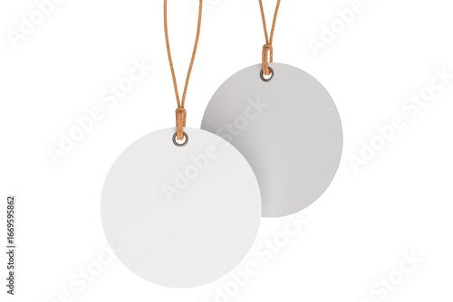 3D mockup of round blank hanging tags with brown strings, metal eyelets, isolated on background. Perfect for branding, label design, packaging, fashion, retail, shipping label, wedding tag, gift tag