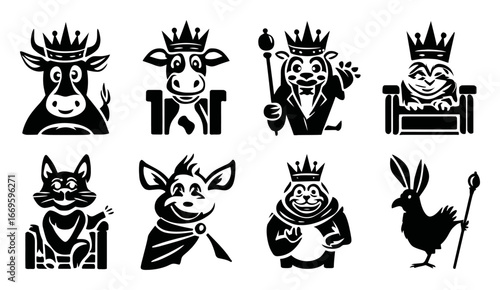 Royal Animal Characters with Crowns and Fun Expressions in Black Silhouette