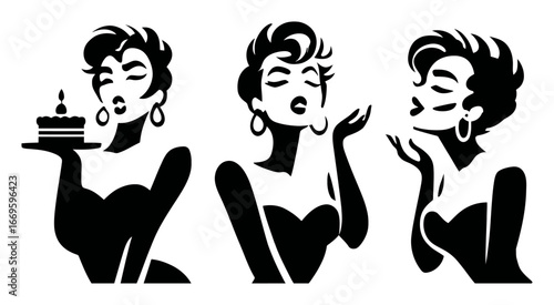 Elegant Woman with Cake and Glamorous Pose in Vintage Style Illustration