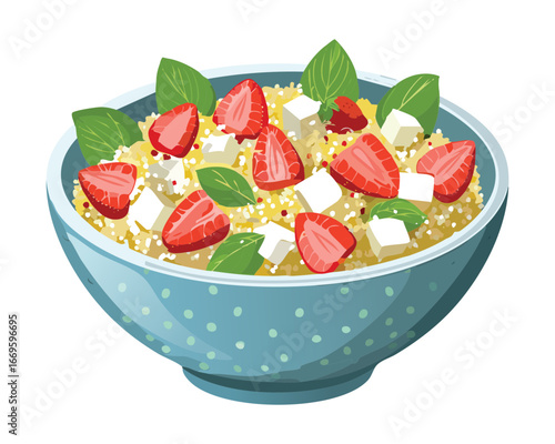 Vibrant Quinoa Salad with Fresh Strawberries, Feta Cheese, and Green Garnish in a Light Blue Bowl, Healthy Lunch - Vector Illustration.