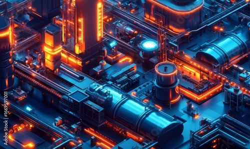 Futuristic image illustrating the concept of a smart factory. Advanced technologies like AI, IoT, and robotics are integrated into manufacturing processes, enhancing efficiency, Generative AI