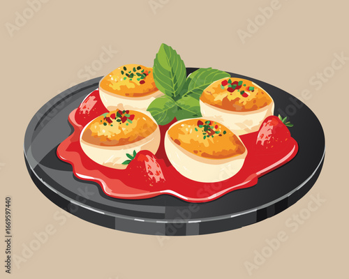  Scallops with vibrant strawberry sauce and mint garnish - Vector Illustration