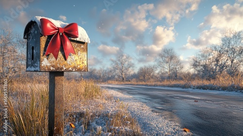 Deep snow and frosted trees with a festive mailbox wrapped with a red bow in the center of a white winter wonderland, a perfect space for Christmas cards and presents.