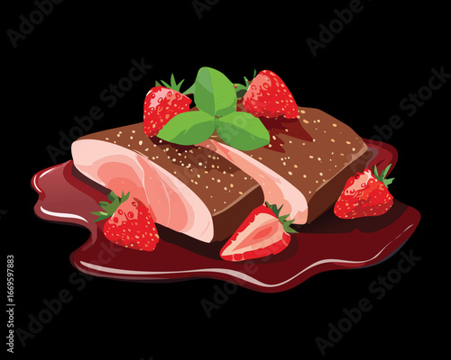 Grilled Steak Topped with Fresh Sliced Strawberries and Mint, Garnished with a Rich Sauce - Vector Illustration
