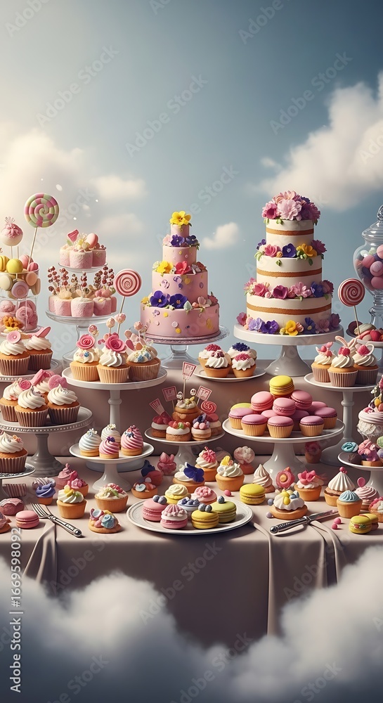 Naklejka premium Delightful display of colorful cakes, cupcakes, and macarons.