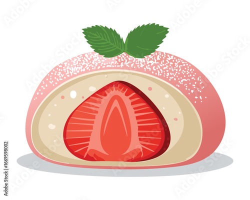 Pink mochi dessert with a whole fresh strawberry and sweet filling inside, a delicious snack - Vector Illustration