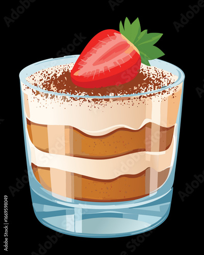 A glass of tiramisu dessert with layers of cream and chocolate, topped with a fresh strawberry - Vector Illustration