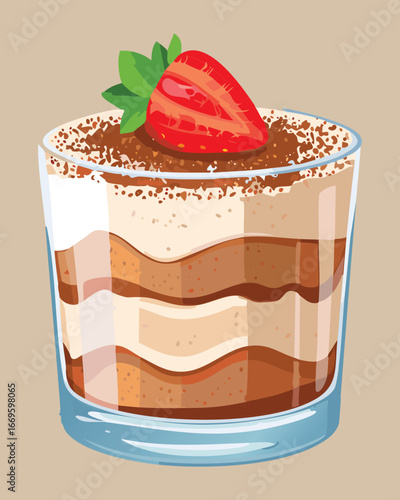 Delicious tiramisu with coffee and chocolate layers, decorated with a fresh strawberry on top - Vector Illustration