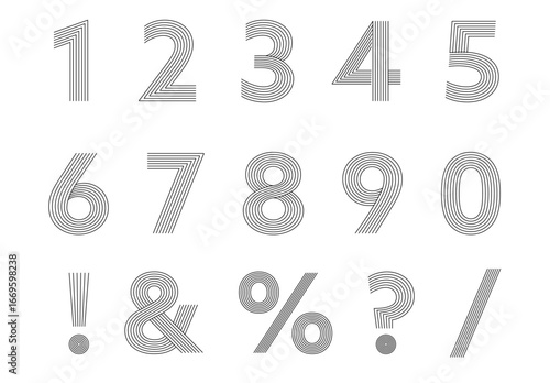 線で構成された数字と記号のベクタータイポグラフィセット