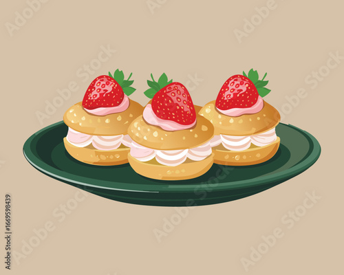 Pile of baked round profiteroles filled with sweet cream and fresh strawberries on a green plate - Vector Illustration