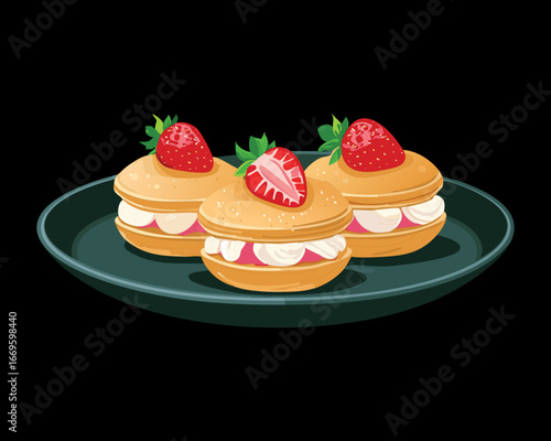 A plate of delicious profiteroles topped with fresh strawberries and sweet creamy filling inside - Vector Illustration