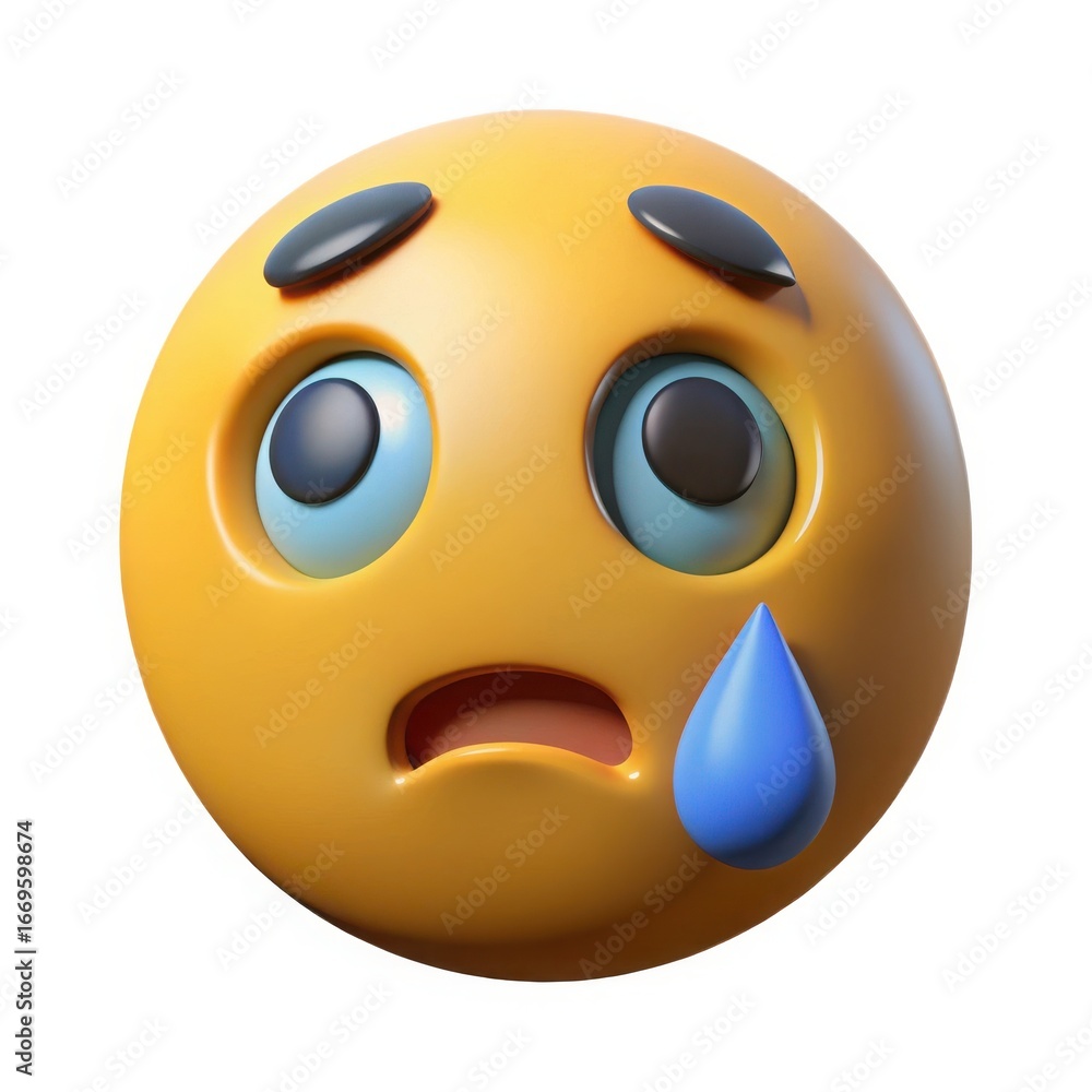 Fototapeta premium 3d rendered sad emoji face with tear droplet expressing disappointment and unhappiness white background