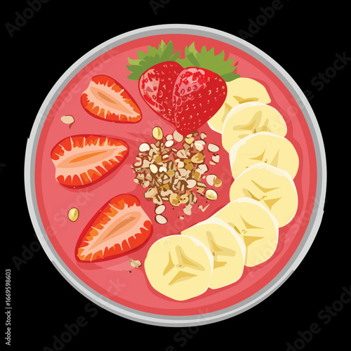 Wholesome breakfast bowl featuring oatmeal, sliced bananas, fresh strawberries, and crunchy granola - Vector Illustration