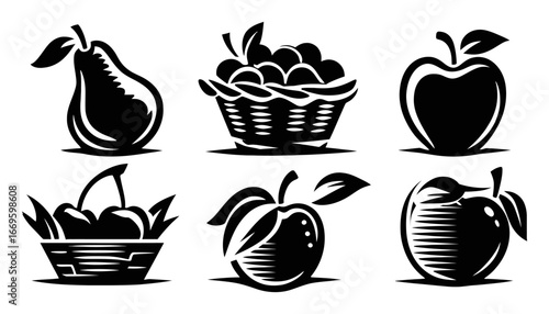 Black and White Fruit Illustrations with Pear, Apples, Berries and Cherries