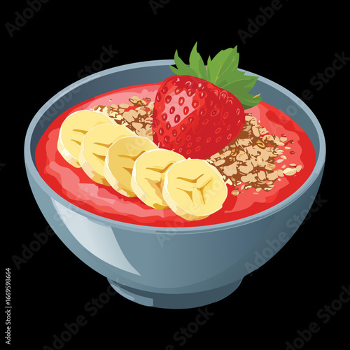 Healthy breakfast bowl with oatmeal, fresh strawberries, banana slices, and a sprinkle of nuts - Vector Illustration