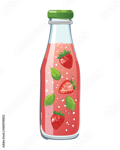A glass bottle filled with a delicious, creamy strawberry smoothie with fresh fruit - Vector Illustration