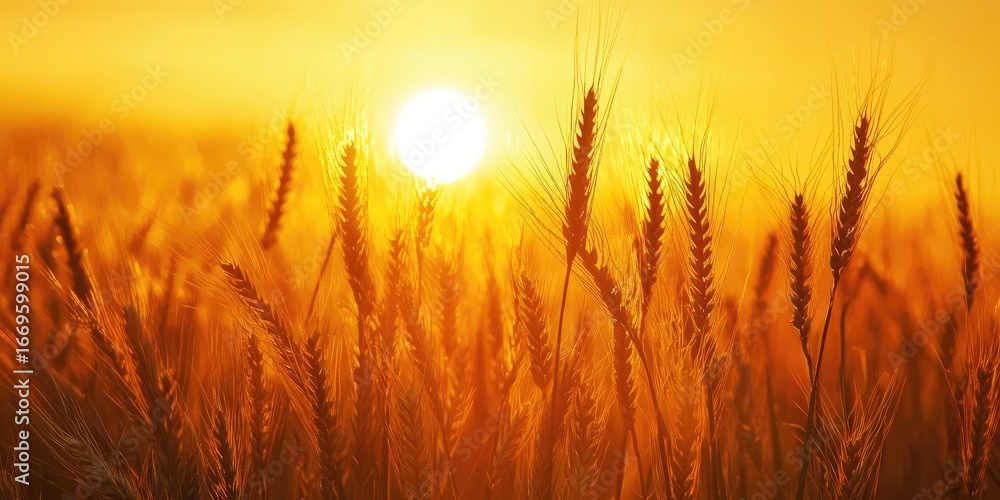 Fototapeta premium Sunrise through tall wheat stalks swaying in the morning breeze Stock photo